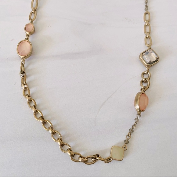 LOFT Mixed Materials Link Necklace- Rhinestones, Leather, and Stones- Gold - Picture 2 of 3